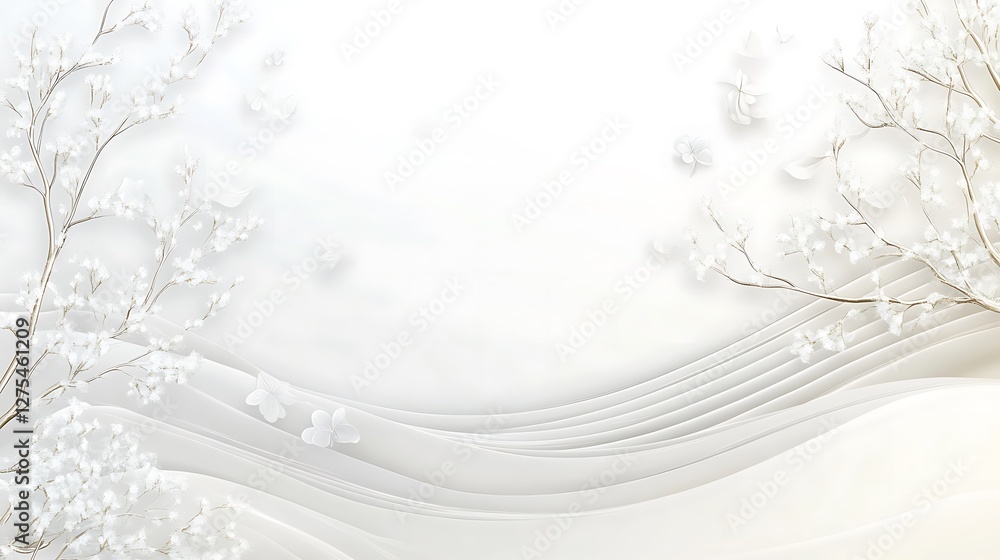 White Floral Branches and Swirling White Fabric Design White Floral Branches and Swirling White Fabric Design