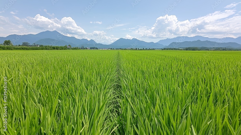 Lush Green Rice Field Surrounded by Mountains Lush Green Rice Field Surrounded by Mountains