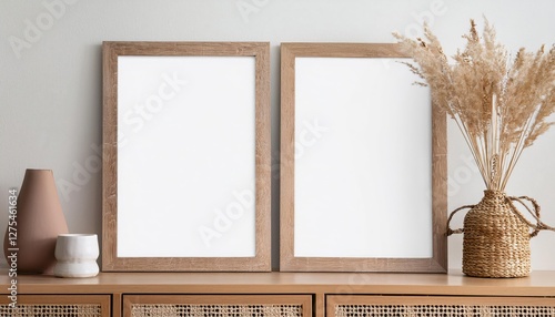Double Vertical Wood Frame Mockup on White Wall Timeless Minimalist Elegance Showcasing a Striking Vertical Dichotomy in Two Frames Against a Pristine Background