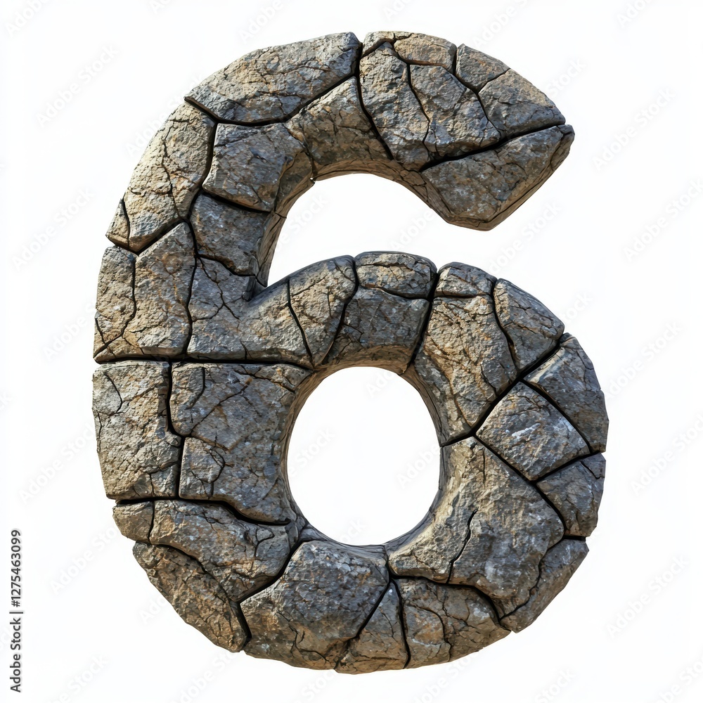 Number 6 made of rough cracked stone with realistic texture isolated on a clean white background Number 6 made of rough cracked stone with realistic texture isolated on a clean white background