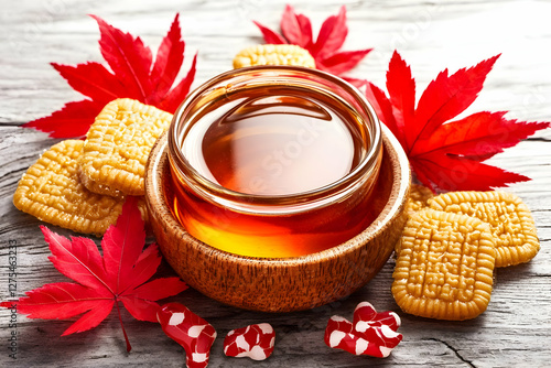 Maple syrup with cookies and leaves on a wooden table photo