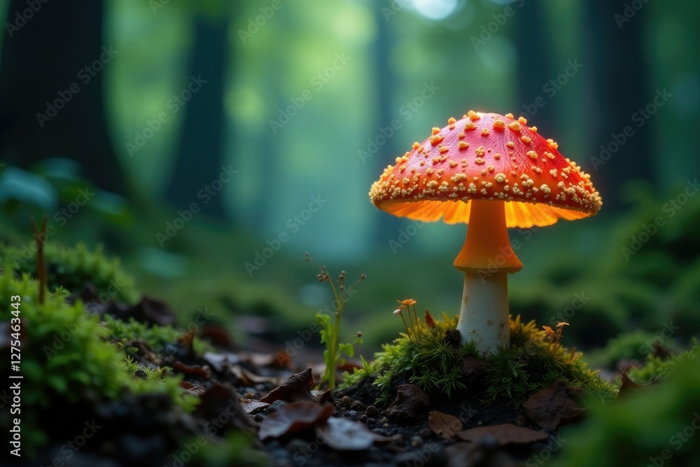 Fototapeta premium A lone glowing mushroom breaks through the underbrush, wild, mysterious plant life