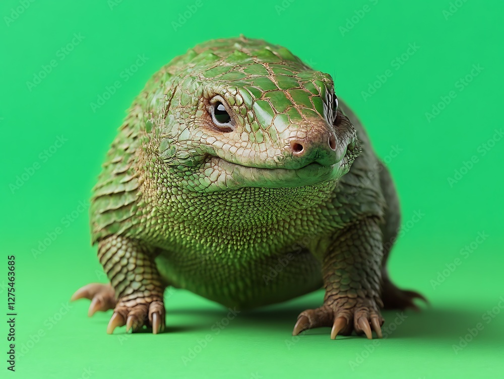 Obraz premium Green lizard portrait, studio shot, green background