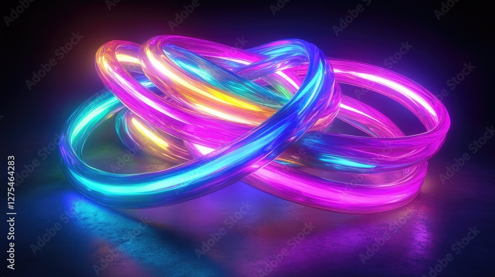 A 3D render of glowing abstract neon lights in a dark space, creating a high-tech, futuristic atmosphere with vibrant colors and deep shadows A 3D render of glowing abstract neon lights in a dark space, creating a high-tech, futuristic atmosphere with vibrant colors and deep shadows