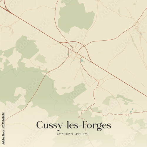 Vintage map of Cussy-les-Forges, France.