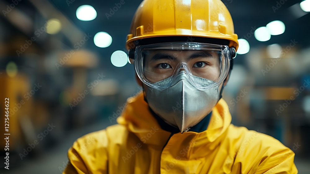 Focused worker in yellow safety gear, factory setting Focused worker in yellow safety gear, factory setting