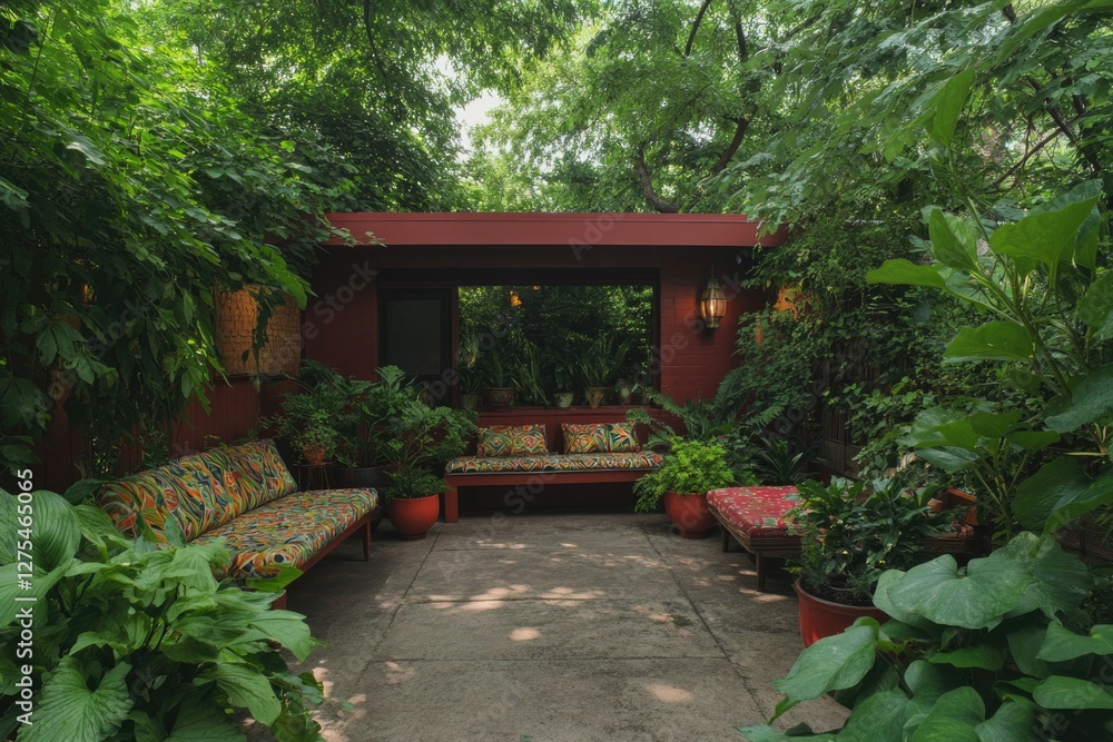 Lush greenery surrounds cozy sitting area, inviting relaxation a Lush greenery surrounds cozy sitting area, inviting relaxation a