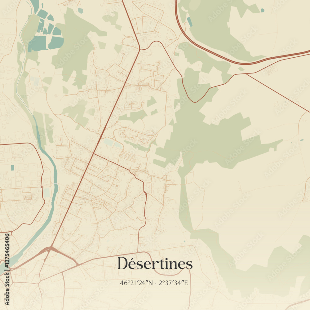 Fototapeta premium Vintage map of Désertines, France.