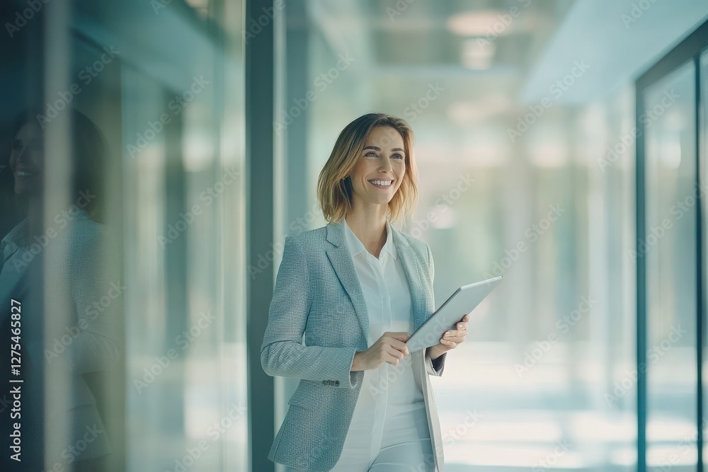 Fototapeta premium Happy Businesswoman Smiling in Modern Office Environment