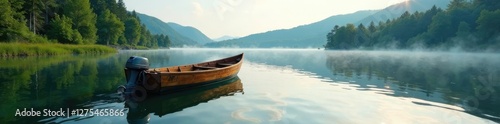 Wooden boat with motor on still lake teletskoye, lake scenery, natural scenery, wooden boat