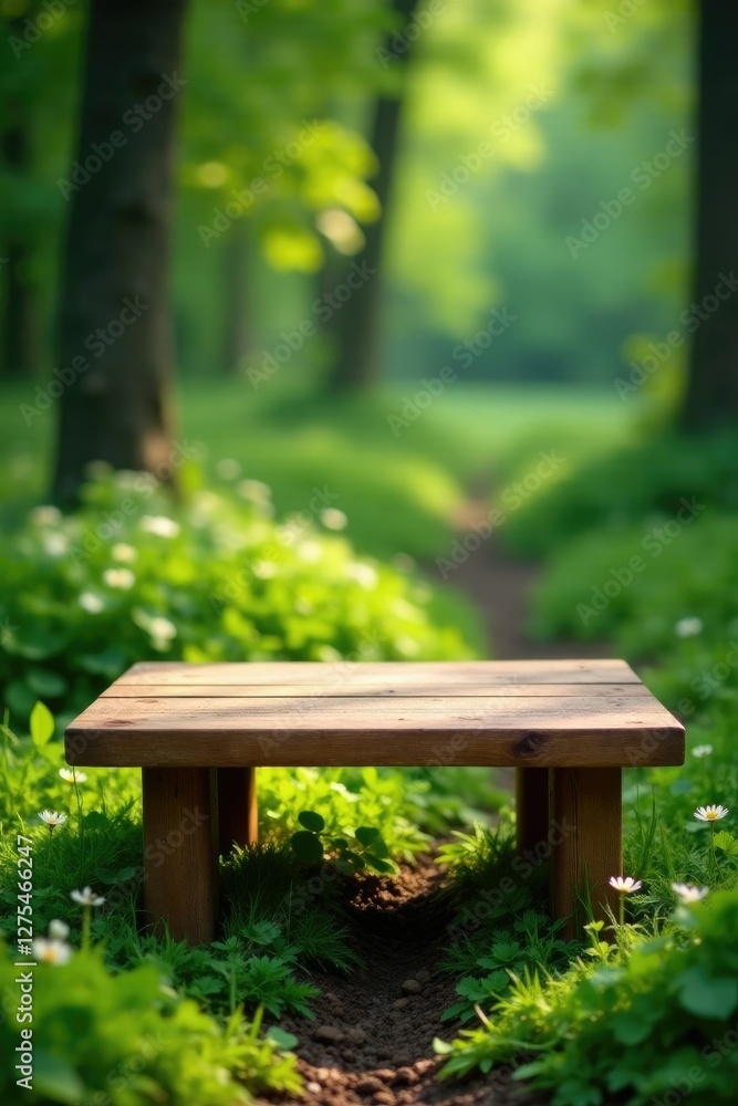 Wooden table on rustic green terrain with wood fragrance, green, logs, rustic Wooden table on rustic green terrain with wood fragrance, green, logs, rustic