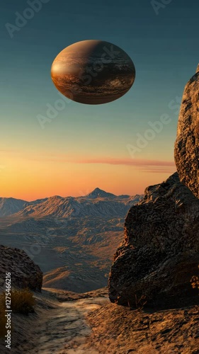 Massive planetary disk rising above barren rocky terrain, illuminated by golden sunset light, revealing dramatic interplanetary landscape scenery
