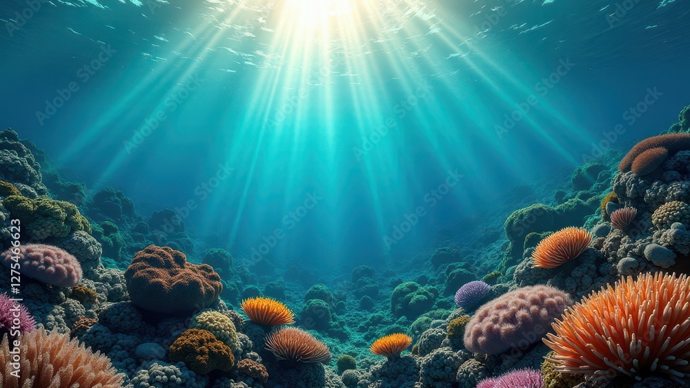 Naklejka premium Colorful coral reef underwater with sunlight rays illuminating marine life 