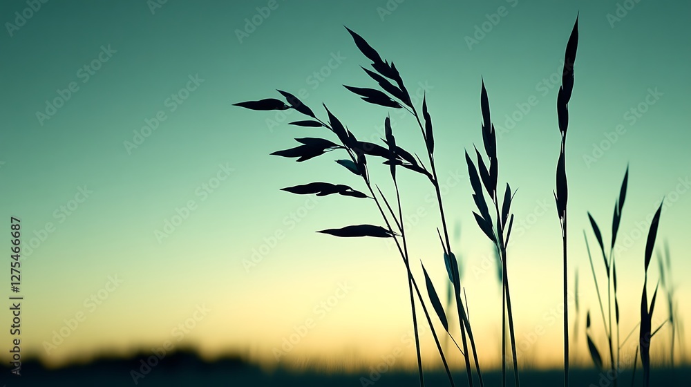 Silhouetted Grass Blades at Sunset Landscape Silhouetted Grass Blades at Sunset Landscape