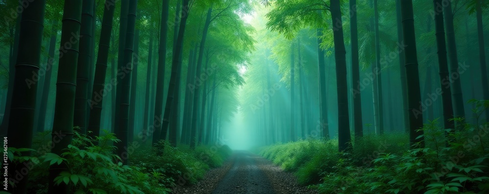 Fototapeta premium Dark forest floor with tall bamboo in front of misty fog, plants, nature, bamboo forest