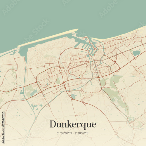Vintage map of Dunkerque, France.