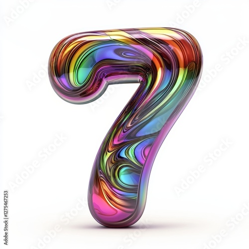 Number 7 made of swirling iridescent oil slick with rainbow reflections isolated on a clean white background