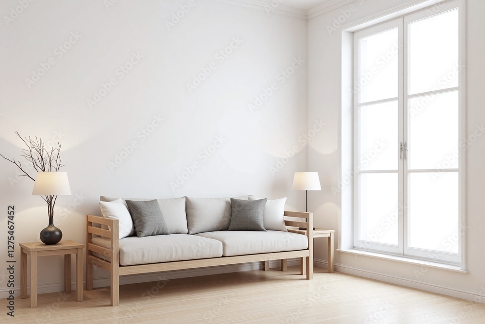 Fototapeta premium Modern living room large window wooden sofa side tables lamp