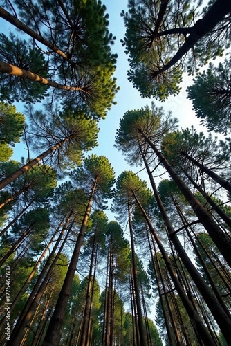 Pine trees stretch towards the sky with trunks and branches intertwined, yogyakarta, intertwined