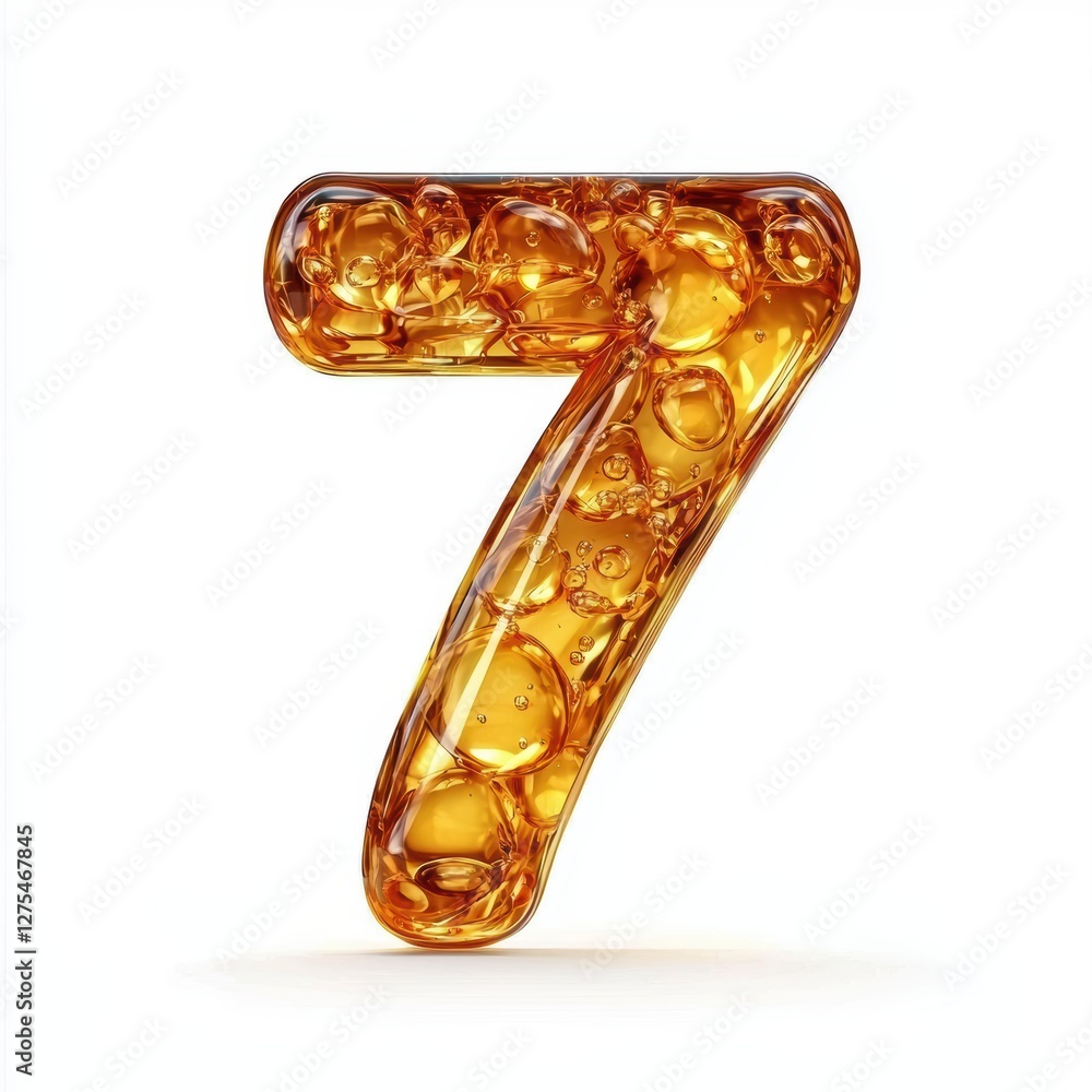 Number 7 made of warm golden amber with ancient trapped bubbles isolated on a clean white background Number 7 made of warm golden amber with ancient trapped bubbles isolated on a clean white background