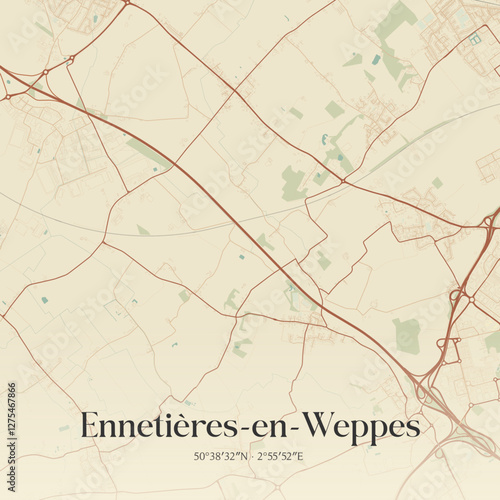 Vintage map of Ennetières-en-Weppes, France.