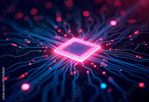 Concept high-resolution image of an AI chip, selective focus