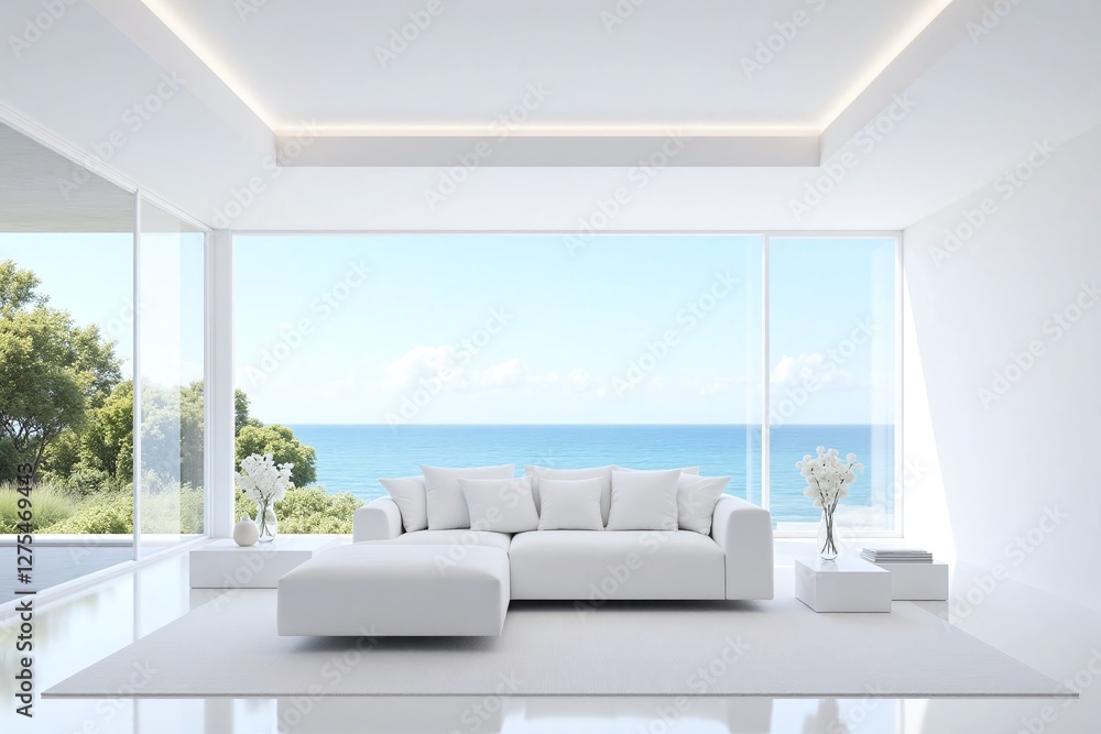 Fototapeta premium Modern living room large window ocean view white sofa