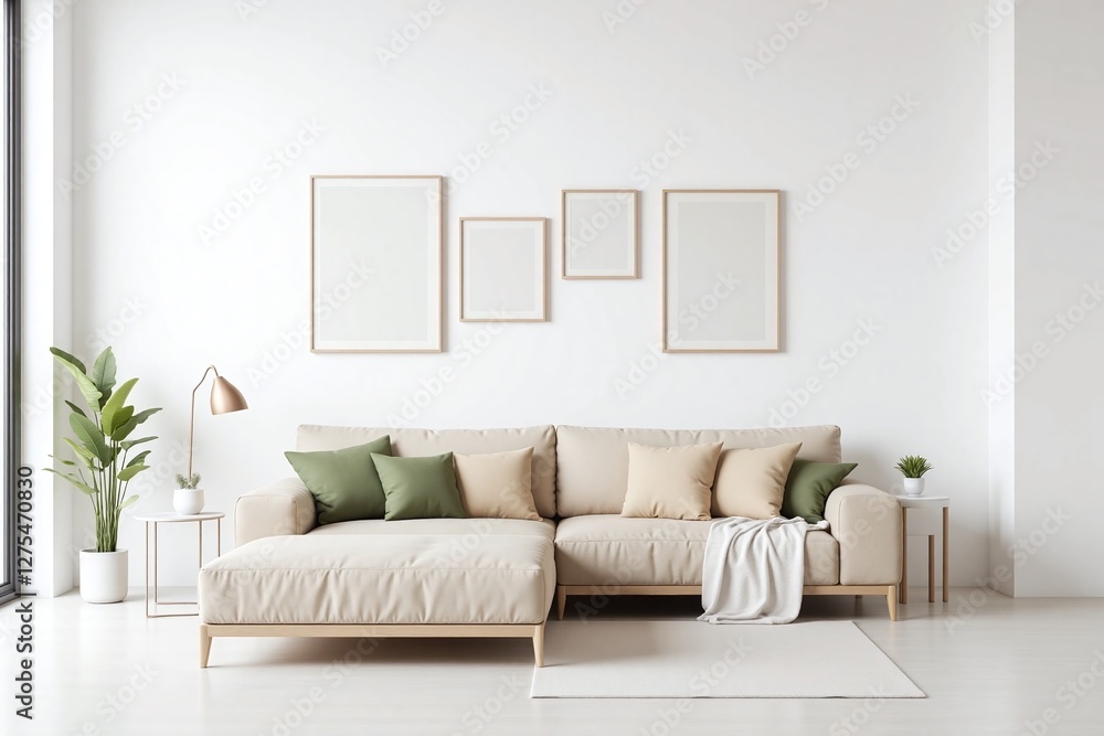 Fototapeta premium Modern living room large beige sofa side table pictures