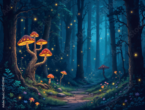 Pixel art enchanted forest with glowing mushrooms and fireflies photo