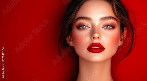 Wallpaper Mural Stunning close-up portrait of a woman with radiant red lips against a bold red backdrop, perfect for beauty and fashion inspiration or magazine cover illustration Torontodigital.ca