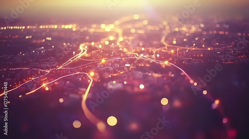 Aerial view of glowing digital map with highlighted routes and locations, symbolizing targeted advertising and location-based services, surrounded by city lights and traffic.
