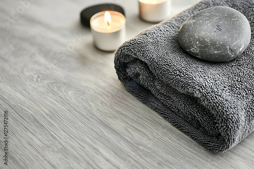 Folded grey spa towel, candles, and stones on light wood.  Possible use Wellness, relaxation, spa, hygiene photo