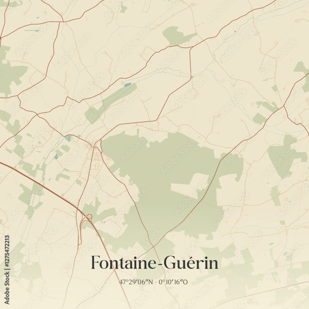 Fototapeta premium Vintage map of Fontaine-Guérin, France.