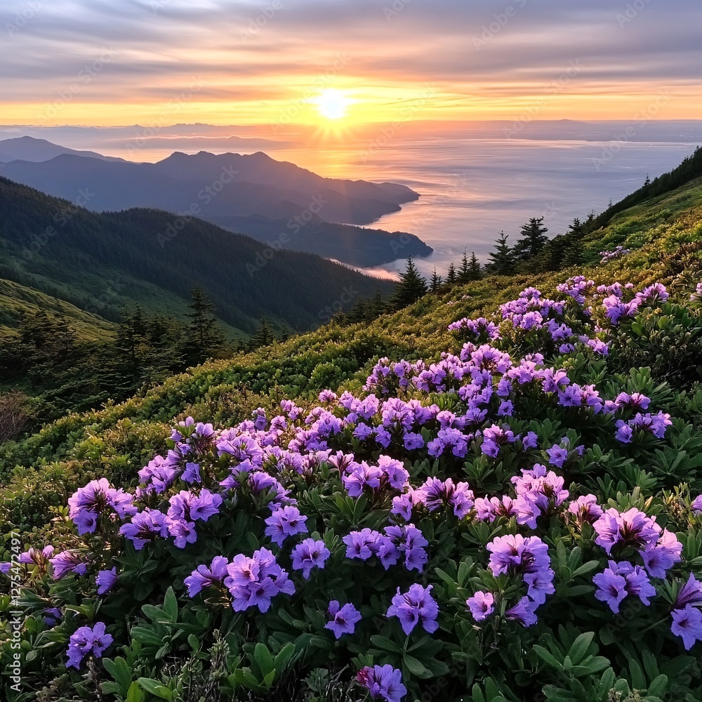 Sunset over mountains with blooming purple flowers in the foreground. Sunset over mountains with blooming purple flowers in the foreground.