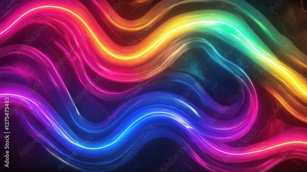 A vibrant gradient of neon lights in rainbow colors, forming abstract glowing patterns on a dark backdrop to represent Pride A vibrant gradient of neon lights in rainbow colors, forming abstract glowing patterns on a dark backdrop to represent Pride