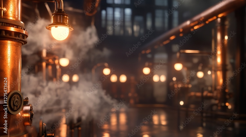 Steampunk factory interior, copper pipes, glowing lights, steam Steampunk factory interior, copper pipes, glowing lights, steam