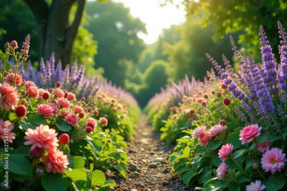 Obraz premium A picturesque summer garden filled with radiant flowering plants, including juicy raspberry bushes and lavender, botanical, juicy raspberry bushes, colorful
