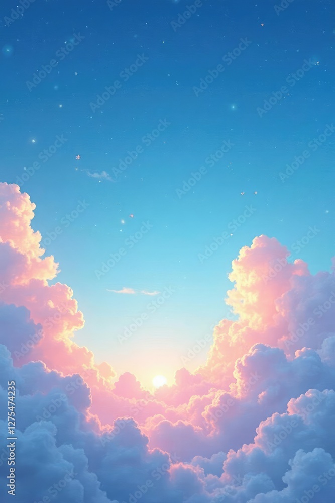 Soft pastel blue sky with white fluffy clouds and twinkling stars at sunset, whimsical, clouds, serene