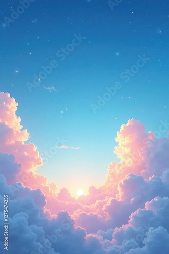 Obraz na płótnie Soft pastel blue sky with white fluffy clouds and twinkling stars at sunset, whimsical, clouds, serene w salonie