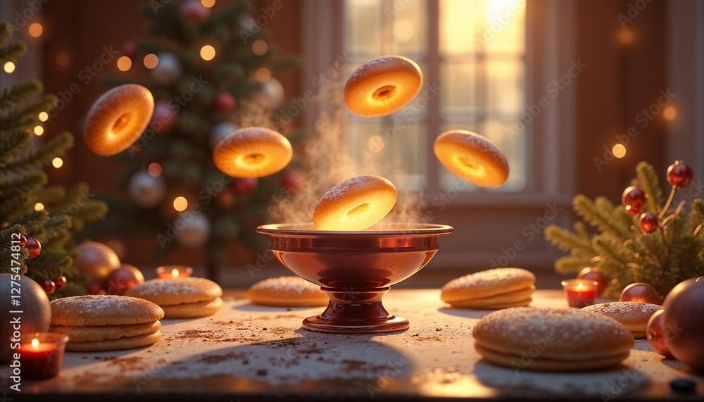 Steaming Powdered Sugar Cookies Arranged on Festive Christmas Table Steaming Powdered Sugar Cookies Arranged on Festive Christmas Table