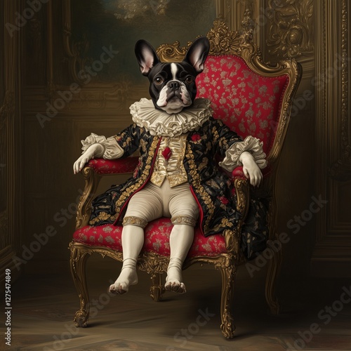 Elegant French bulldog dressed in regal 18th-century attire with intricate gold embroidery, seated on an ornate red velvet throne in a grand palace setting