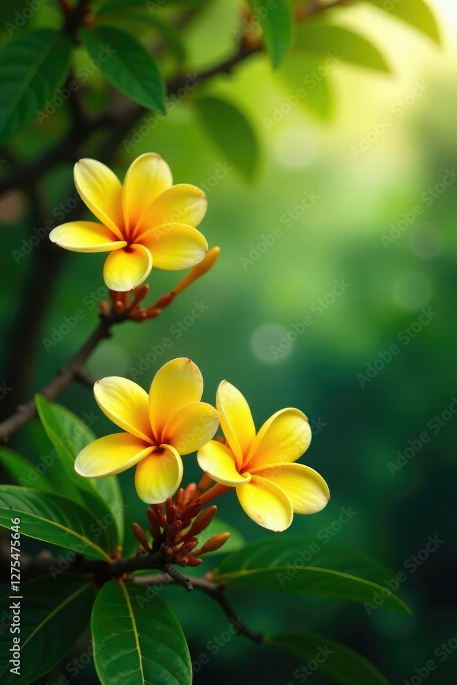 Fototapeta premium Blooming yellow frangipani tree with lush foliage and branches, plumeria, tropical
