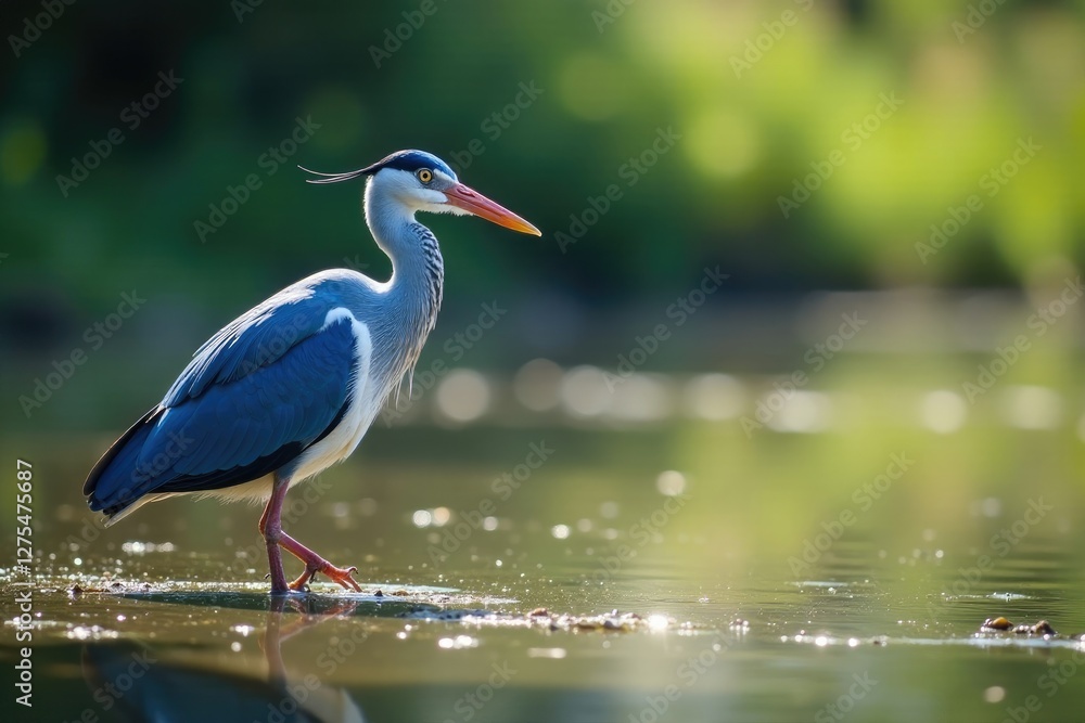 Fototapeta premium Blue and white feathers glisten in sunlight on wetland scene, avian wildlife, wetlands