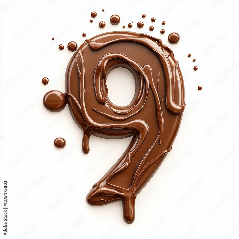 Number 9 made of glossy chocolate with dripping splashes isolated on a clean white background Number 9 made of glossy chocolate with dripping splashes isolated on a clean white background