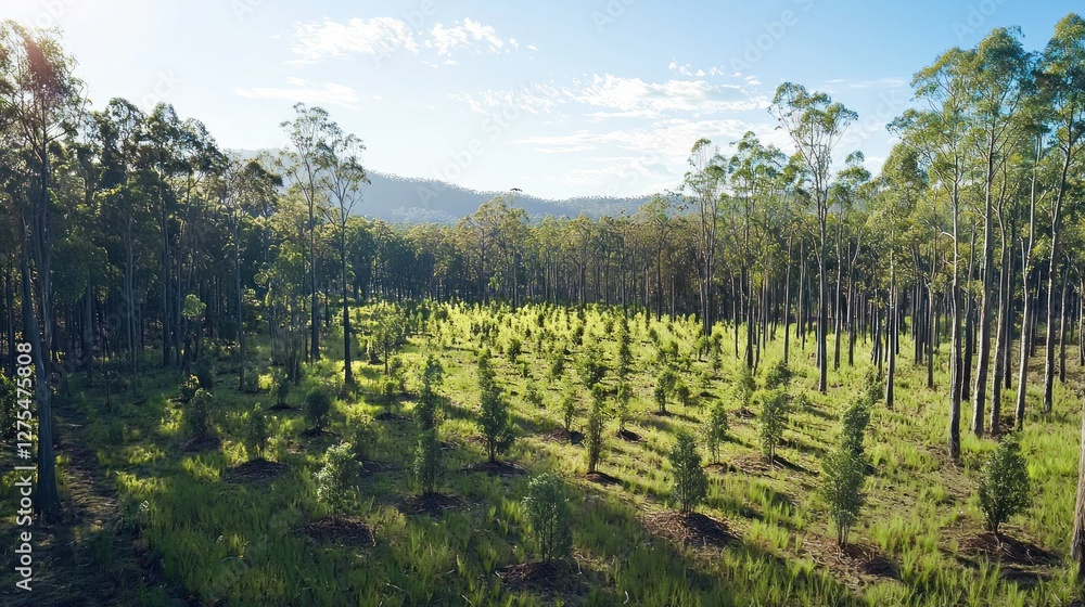 Obraz premium Reforestation Project: Lush Greenery and Young Trees Flourishing in a Serene Australian Landscape