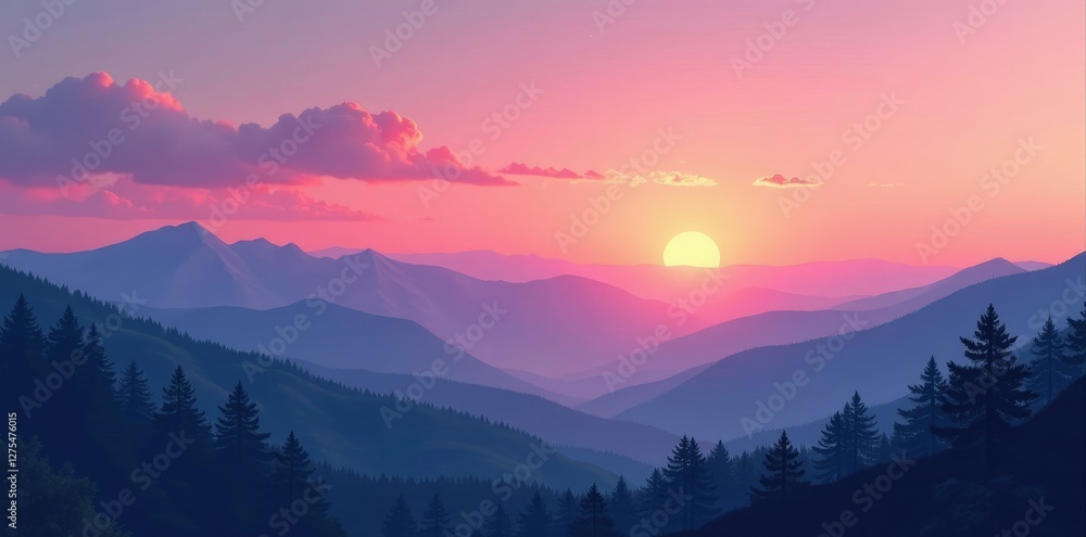 Obraz premium Pink hues on a tranquil sunset over a peaceful mountain range, gentle, natural