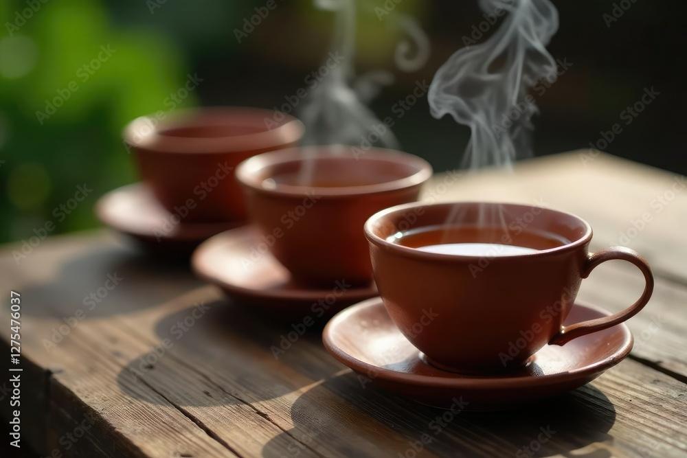 Clay cups filled with steaming hot tea on a wooden surface, tea, clay Clay cups filled with steaming hot tea on a wooden surface, tea, clay