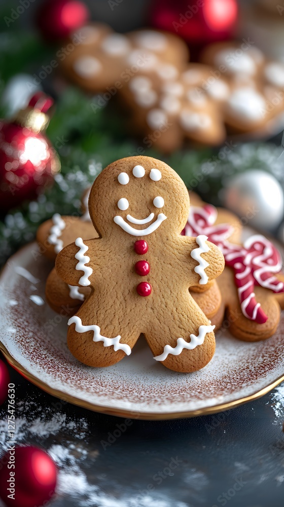 Cheerful gingerbread man cookie decorated with icing in festive holiday setting. Cheerful gingerbread man cookie decorated with icing in festive holiday setting.