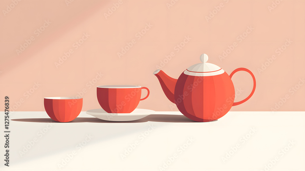 Elegant tea set on white surface, minimalist design with coral hues, perfect for cozy gatherings or serene moments. Elegant tea set on white surface, minimalist design with coral hues, perfect for cozy gatherings or serene moments.