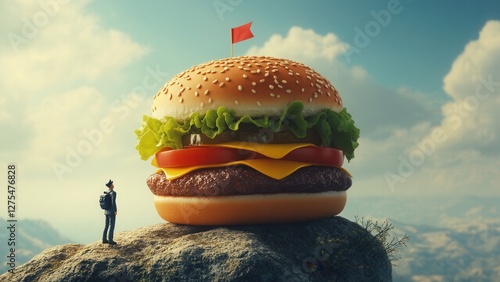 Enormous Cheeseburger Towering Over Tiny Hiker in Scenic Landscape
